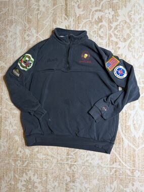 Vintage Navy Blue Firefighter Job Quarter Zip with Embroidered Patches